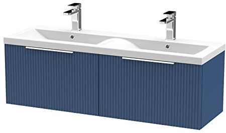 Hudson Reed DFF394F Fluted Modern Bathroom Wall Hung 2 Drawer Double Vanity Basin Unit with Twin Ceramic Basin, 1200mm, Satin Blue