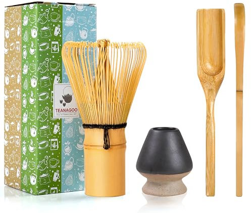 TEANAGOO Matcha Set| MatchaBesen| matcha zubehör,Matcha Schneebesen (Chasen), Bambusschaufel (Chashaku), Teelöffel,mattschwarzer Schneebesenhalter,TG-I4, Das perfekte Set für die Zubereitung einer