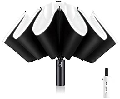 XIXVON Paraguas Pro (10 Varillas, Blanco) | UPF 50+ 99% De ProteccióN UV, Banda De Seguridad Reflectante, Resistente Al Viento, PortáTil, AutomáTico | Paraguas Plegable Inverso