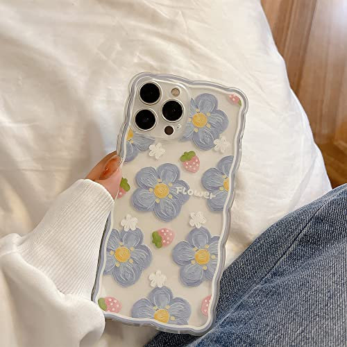 LSOUGUK Compatible with iPhone 12 Case for Women Girl,Cute Floral Flower Pattern with Full Camera Lens Protection Case Fashion Slim Soft Silicone TPU Protective Cover for iPhone 12 6.1"-Blue