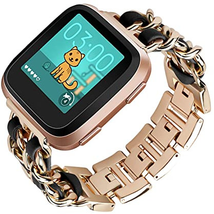 Metall mit Leder Armbänder für Fitbit Versa 3/Fitbit Sense Armband, Damen Fitbit Versa 3/Fitbit Sense Armband Edelstahl Ersatzarmband kompatibel mit Fitbit Versa 3/Fitbit Sense (D)