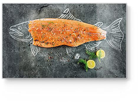 DEQORI Frühstücksbrett Glas | klein 23x14 cm | Motiv Fischfilet mit Gewürzen | Design Schneidebrett für Küche | Frühstücksbrettchen antibakteriell & rutschfest | Glasplatte & Servierplatte