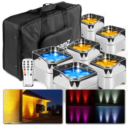BeamZ BBP96SC Uplight 6er Set mit Tasche Akku LED Strahler RGB AW-UV LED Par Spot. 6x 12W, Built-In WDMX, 9h Akkubetrieb, 6,10 DMX-CH, 0-100% Dimmer, 7027LX, Eazy Link, LED Display, RJ45, Chrom