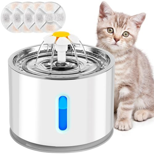 Fontaine à Boire pour Chat 2.4L, Fontaine pour Animaux de Compagnie Super Silencieuse avec Lumières LED, Filtration Multiple, Trois modes de débit d'eau, Empêcher la Combustion à Sec Pendant 72 Heures