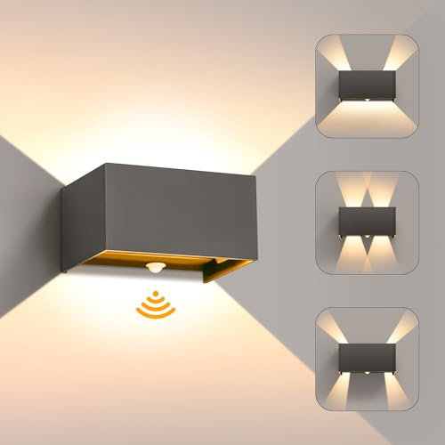 LED Außenlampe Außenleuchte mit Bewegungsmelder, IP65 Wasserdichte 3000K Warmweiß Wandleuchte Außen Innen, Einstellbarer Lichtstrahl Up Down Modern Außenwandleuchte Ausenbeleutung Hauswand Dunkelgrau