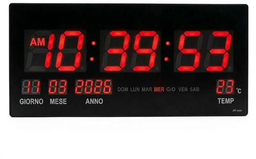 YASTA Orologio Digitale LED da Parete - Display Rosso Alta Visibilità con Datario, Termostato e Calendario Settimanale - Design Slim Nero per Ufficio, Casa, Palestra, Banca e Attività Commerciali