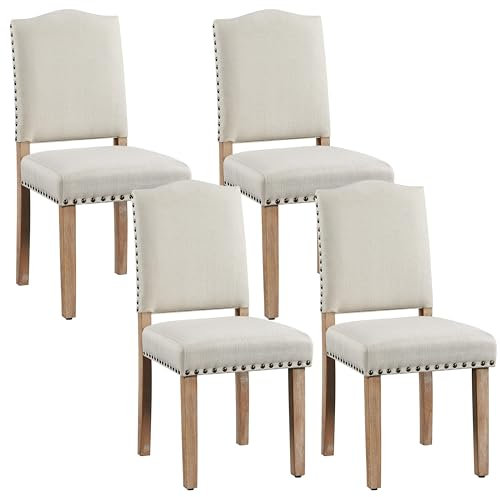 Yaheetech Lot de 4 Chaises de Salle à Manger à Haut Dossier Chaises de Cuisine Pieds en Bois Massif Design Classique avec Boutons Bronzés Fauteuils et Chaises pour Salon Sièges Rembourrés Beige