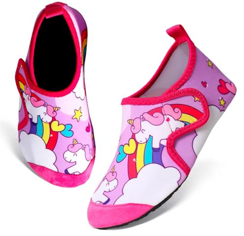 TMEOG Badeschuhe Kinder Wasserschuhe Kleinkind Schwimmschuhe Strandschuhe rutschfeste Aquaschuhe mit Klettverschluss Wattschuhe Meerschuhe Barfussschuhe für Jungen Mädchen(26/27 EU,UC_Rosa)