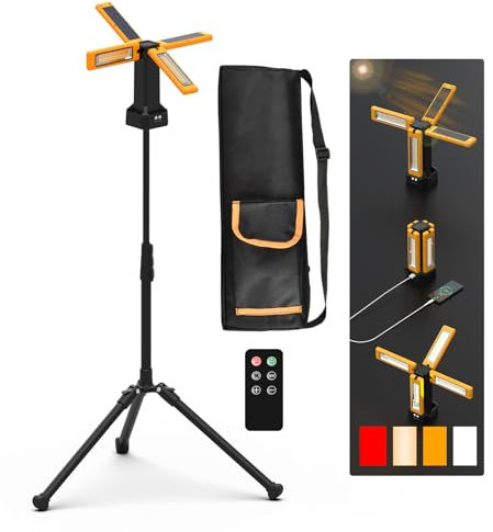 iodoo Projecteur de Chantier LED à Batterie Solaire Avec Trépied, Batterie D'une Capacité de 13200 mAh, Lampe Chantier Luminosité de 8000 Lumens (Orange avec télécommande)