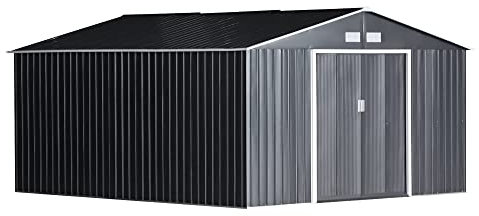 Outsunny Casetta da Giardino con Base e Doppie Porte Scorrevoli, Capanno da Giardino in Acciaio, 340x386x200 cm, Grigio Scuro