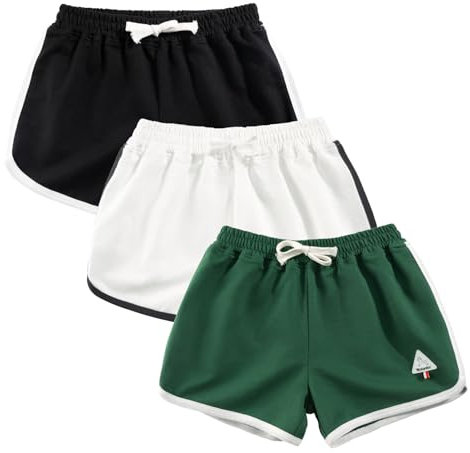 Rolanko Mädchen Gym Kurze Hose, Baumwolle Sommer Heiß Kurze Running Hosen, Kinder aktive Sport Bekleidung zum Tanzen und Yoga, 3 Packungen (Dunkel Grün Beige Schwarz, Größe:160, 11-12 Jahre)