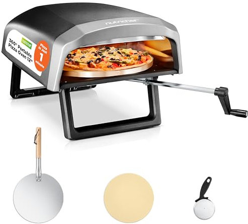 NutriChef Gas Pizza Oven 30cm – Portable Outdoor Pizza Maker with 360° Rotating Stone, Quick 60-Second Heat-Up, Stainless Steel, Long Handle – Accessories Included – Ideal for Homemade Pizza & BBQs