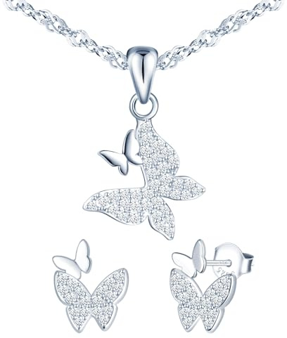 MICMIF Damen Schmuck Set Silber 925 Anhänger Schmetterling Kette Ohrringe Halskette Set für Frauen, Mädchen Schmetterlinge mit Zirkon Schmuck für Party/Jahrestag/Geburtstag