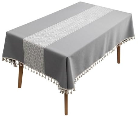 Lieson Rechteckige Tischdecken 140x200 cm, Polyester Tischtuch Abwaschbar Jacquard Welle mit Quasten Tischdecke für Küchentisch und Outdoor Tischtuch, Grau