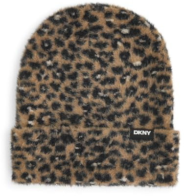 DKNY Damen Beanie Mini Leopard Print Fuzzy Hat Mode-Schal, Truffle, Einheitsgröße
