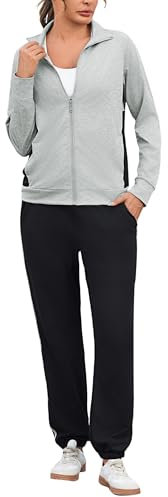 Uniexcosm Full-Zip Tuta Sportiva Donna Con Maniche Raglan E Finiture A Contrasto Tuta Da Jogging Da Donna Grigio Chiaro M