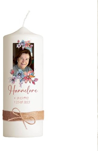 Personalisierte Trauerkerze mit Foto | Versch. Motive | 15-30 cm Höhe | Erinnerungskerze/Gedenkkerze | (Blumen)
