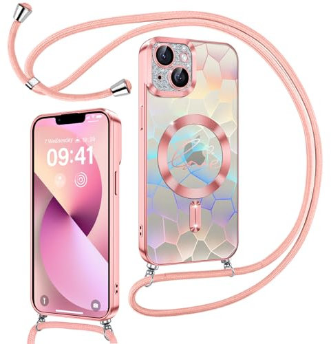Kokio Magnetische Glitzer Handykette für iPhone 13 Hülle mit Band [Kompatibel mit MagSafe] Kameraschutz Durchsichtig Handyhülle für Mädchen Stoßfeste Schutzhülle für iPhone 13 Rosa