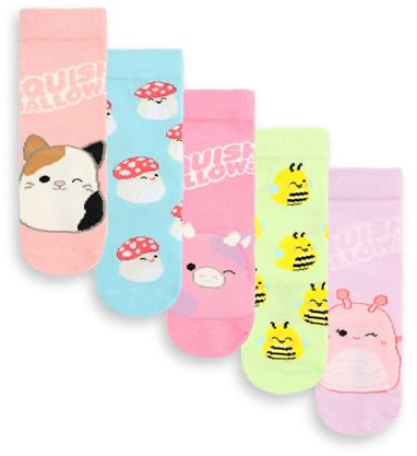 Squishmallows Mädchensocken 5er-Set | Mehrfarbige Charakter-Wadensocken für Kinder mit Logo-Grafikdruck | Kindersocken im 5er-Pack mit Malcom dem Pilz und Sunny der Biene