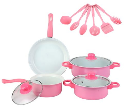Juego de utensilios de cocina de color rosa, 13 piezas, ollas y sartenes con utensilios, superficie de cocción antiadherente, resistente a rayones y libre de PFOA, compatible con todas las estufas