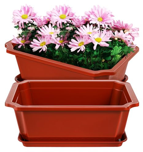 HANABASS 2 Sets Plastic Bonsai Pot with Drip Tray, Shallow Flower Planter for Nursery, Bonsai, Garden, Balcony 16.9X12.2X6.5 Inch