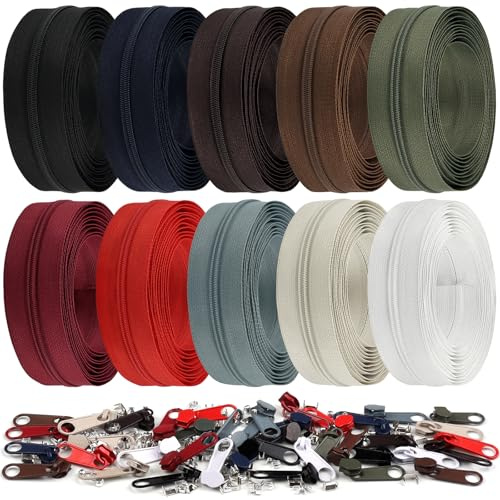 DOITEM 3 mm Reißverschlüsse 28 m Nylon-Endlos-Reißverschluss-Set mit Schieber und Reißverschluss zum Nähen und Basteln – 10 Farben