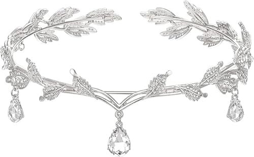 VIDSTW Elfen Kopfschmuck Elfen Krone mit Strasssteine Tiara Damen Rom mit Blattförmiges Design Kopfschmuck Elfe Prinzessin Griechenland Krone Damen Glänzend für Hochzeit Party Geburtstag (Silber)