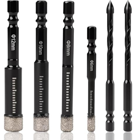 6 Pcs Porcelain Tile Drill Bits Dry Diamond Tipped Drill Bit Set 6 8 10 12MM and 6MM Hex Shank Drill Bit for Granite Ceramic Marble Stone Tile Stone Glass Hard Materials Convenient Drilling