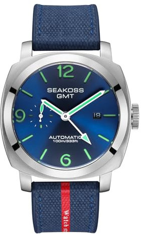 SEAKOSS GMT Uhren für Herren, automatisch, 45 mm, Datum, 10 ATM, wasserdicht, Möwe, ST2557, leuchtendes Edelstahl-Saphirglas, mechanische Armbanduhr, S8441, Blau Grün