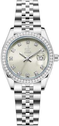 SHENGKE Women's Crystal akzentuiert mit soliden Legierung Stahlband Uhr Elegantes Kleid Quarz Kalender Uhren für Frauen (Silber&Hellgrün Beige)