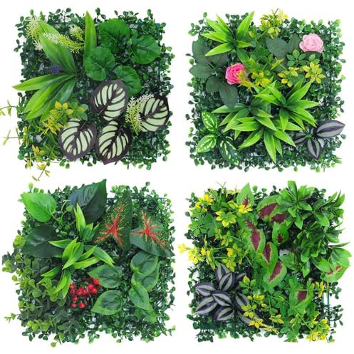AQCQDQ Pared para plantas al aire libre, 4 plantas artificiales, pared, 25 x 25 cm, plantas artificiales decorativas para pared, balcón y jardín (híbrido 01)