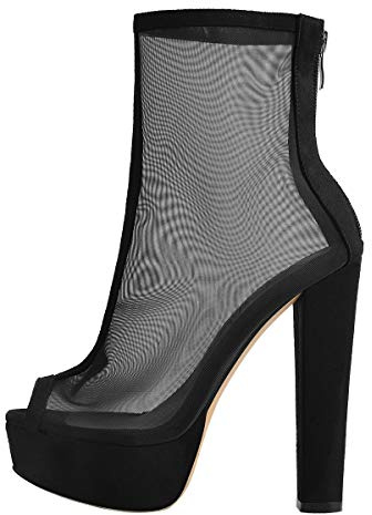 Meinabsatz Peeptoe Stiefeletten Plateau Blockabsatz Ankle Boots Mesh High Heels Sommer Stiefel mit Reißverschluss Schwarz 39 EU