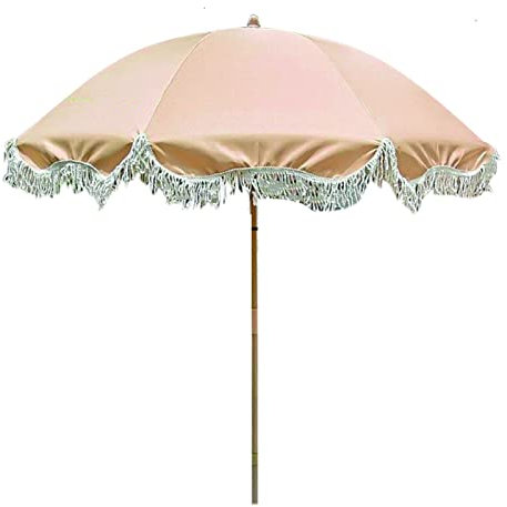 CFLNHMSY Vintage tassel garden parasol, Tiltable Beach Romantic Umbrella, Patio Decorative Umbrella, Adjustable Height, Without Base(Khaki)