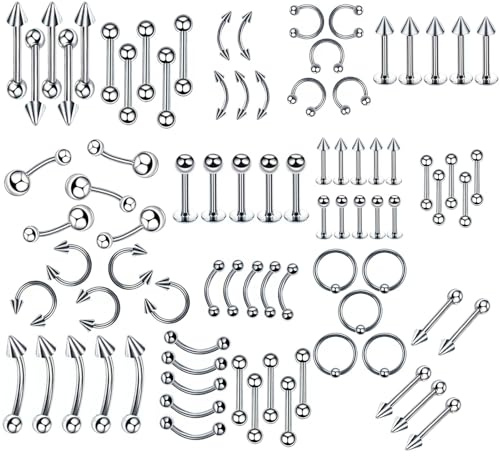 GUSXPPD 85 Stück Piercing Kits, 14G 16G 18G Edelstahl Bauchnabelpiercing, Schwangerschaftspiercing, Hypoallergen Flexibel Lange Hängende Bauchnabelpiercings, Bauch Stecker, Banane Piercing Schmuck