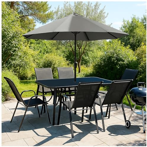 VORTIVO 8-teiliges Gartenmöbel Set | Sitzgruppe für 6 Personen mit Sonnenschirm – Tisch mit Glasplatte Stühle stapelbar – wetterfeste Essgruppe für Garten, Balkon & Terrasse – Schwarz