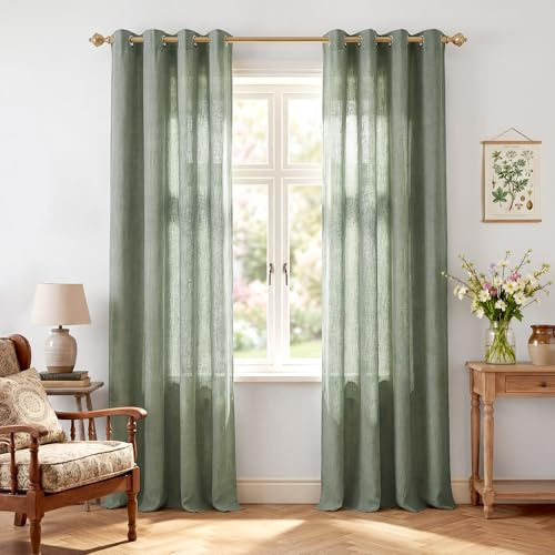 PONY DANCE Leinenoptik Gardinen Salbeigrün Vorhänge Halbtransparent | Ösenschal 2er Set H245 x B140 cm, Landhausstil, Lichtdurchlässig, für Wohnzimmer, Dekoration, Modern, Sichtschutz