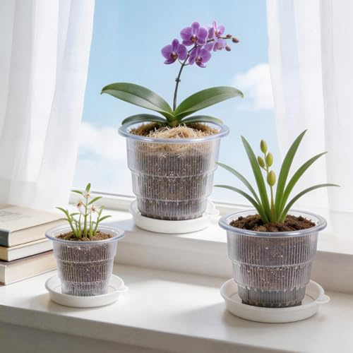 Yimomoyi Pot Transparent Orchidée, 3Pcs 10cm/12cm/15cm Pot pour Orchidées Respirant, Pot pour Orchidées Transparent en Plastique avec Trous de Vidange et Soucoupes