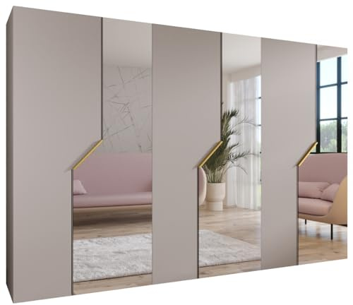 MEBLE KRYSPOL - Kleiderschrank - Garderobenschrank - 300 cm x 202 x 52 cm - Schrank mit Kleiderstange und Spiegel, 6 Türen - für Schlafzimmer, Flur - Andrew, Kaschmir, Griff Gold