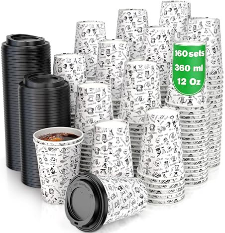 CupCup 160 Pappbecher 360ml 12 Oz mit Deckel und Holz Rührstäbchen - Kaffeebecher to Go Zum Servieren von Kaffee, Tee, heißen und kalten Getränken