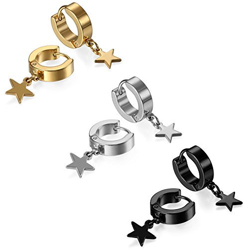JewelryWe Schmuck 3 Paar Ohrringe Creolen, Edelstahl Huggie Hoop Klappcreolen Ohrpiercing Ohrhänger Ohrstecker mit Stern Anhänger für Herren Damen Silber Gold Schwarz