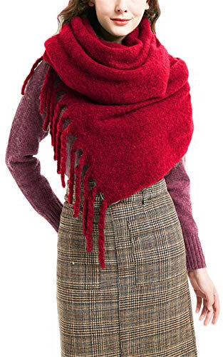 ASKSA Damen Schal Warm Pashminas Herbst Wintertagen Thicken Warm Quaste Winterschal Weiche übergroßer Schultertuch XL Schals Stola für Frauen (Weinrot)