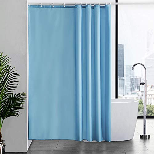 Furlinic Rideau de Douche Bleu Claire Tissu Anti Moisissure en Polyester Lavable en Machine Long Rideaux de Bain Imperméable Lesté pour Baignoire avec 12 Anneaux 180x210cm