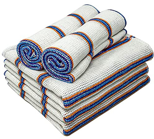 Towelogy® 10 Pack Cotton Dish Cloths Waffle Weave White Super Absorbent LINT FREE QUICK DRY Striped Kitchen Tea Towels Dishcloths for Washing Up Machine Washable 35x40cm (White Blue/Orange Stripes)