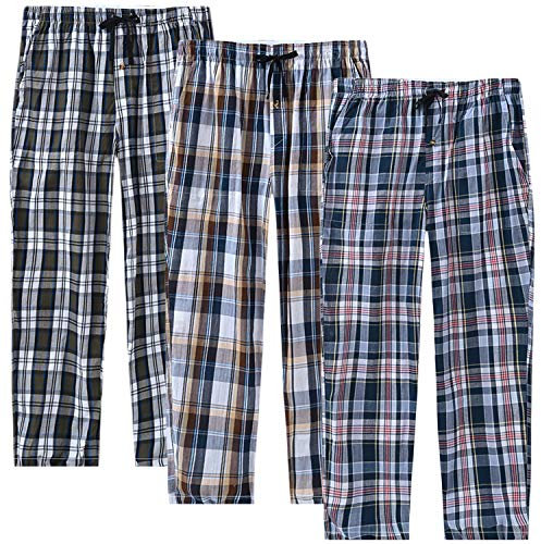 MoFiz Homme Bas de Pyjama Coton Pantalons Longs de Salon à Carreaux Léger Vêtements de Nuit avec Poches 3 Pack-A XL