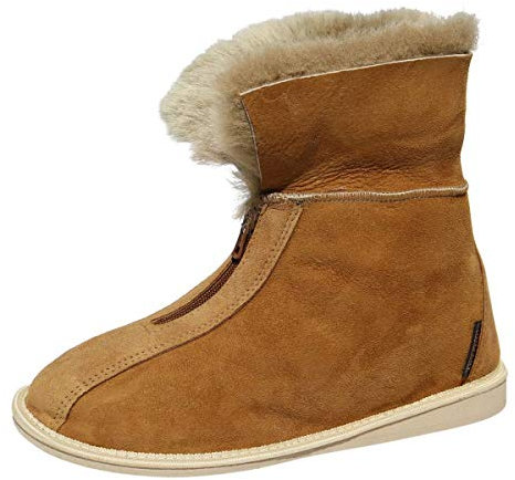 Damen & Herren Lammfell Hausschuhe Alaska Cognac Fellschuhe mit Reißverschluss 100% Merino Schaffell für Wohlgefühl - warm, atmungsaktiv Schuhgröße 45