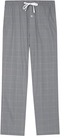 Vulcanodon Mens Cotton Pyjama Bottoms, Lightweight Sleep Pants with Pockets Soft Lounge Pajama Pants for Men Plaid Pj Bottoms (Iron Gray-Plaid, M)