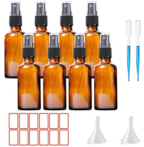 Braunglas Sprühflasche 8x50ml Glas Leere Zerstäuber Feinnebel Apotheker Flasche Nachfüllbar Parfümzerstäuber mit Trichter und Etikettenaufkleber für Make-up, Wasser, Reiseflüssigkeit