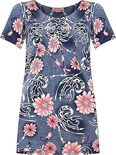 Purple Hanger Womens Floral Print Ladies Short Sleeves Stretch Round Scoop Neckline Long Smock Tunic T-Shirt Top Plus Size (26, Denim Floral Pink)