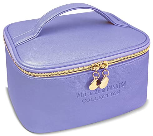 White Ze Borsa per il trucco, per cosmetici da viaggio, impermeabile, Beauty case portatile in morbida pelle PU, Grande Borsa da Toilette per stoccaggio spazzole da donna (Blu)