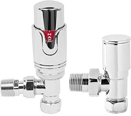 NRG Designer Chrome Angled TRV Thermostatic Radiator Valves 15mm Central Heating Tap and Manual Angled Valves